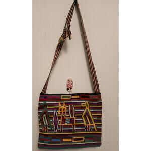 Guatemalan Hand Woven Crossbody Purse Purple Yellow Casual Hippie Boho Totebag